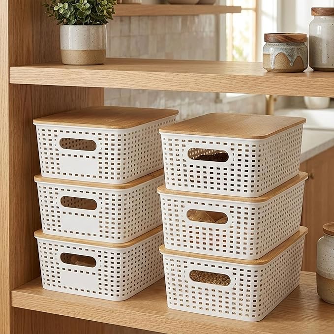 Bathroom Storage Bins with Engraved Bamboo Lids (6 Pack) Hair Face Skin Bath Tools Organizer Stackable Vanity &amp Closet Storage Containers (Bathroom Set)