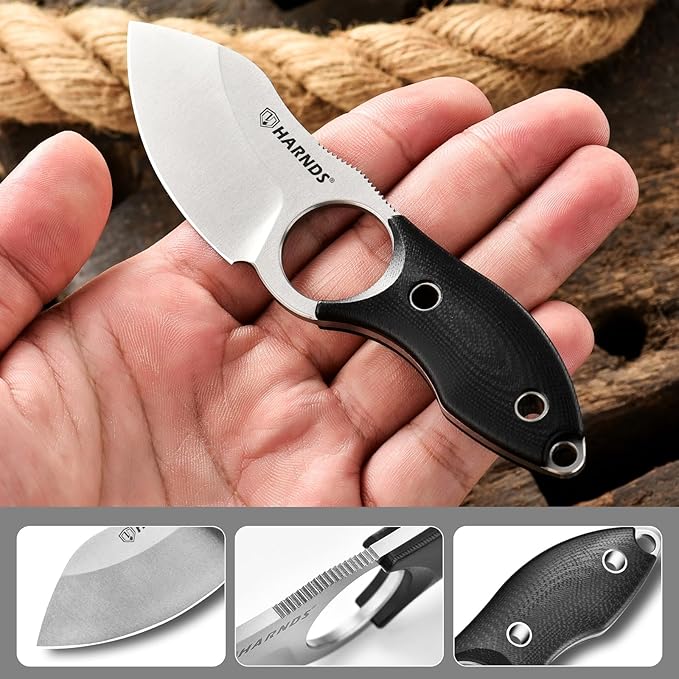 Harnds Small Fixed Blade Knife Full Tang Neck Camping Knife EDC with D2 Steel Blade and G10 Handle for Fishing and Skinning Eggplant