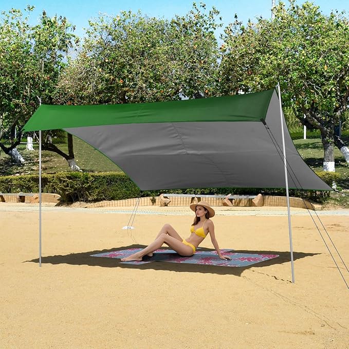 Green Deep Gradient Beach Tent UPF50+ Waterproof Large Portable Sun Shelter with Sand Pockets for Camping Fishing Backyard Fun