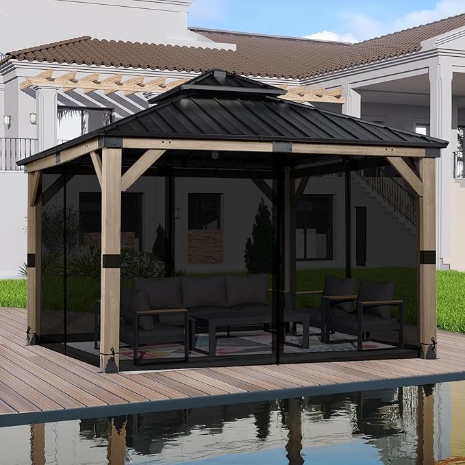 BPS 10' x 10' Gazebo Universal Mosquito Netting Screen Replacement 4-Panel Mesh Screen Walls with Double Zippers for Outdoor Patio Khaki (Mosquito Net Only)