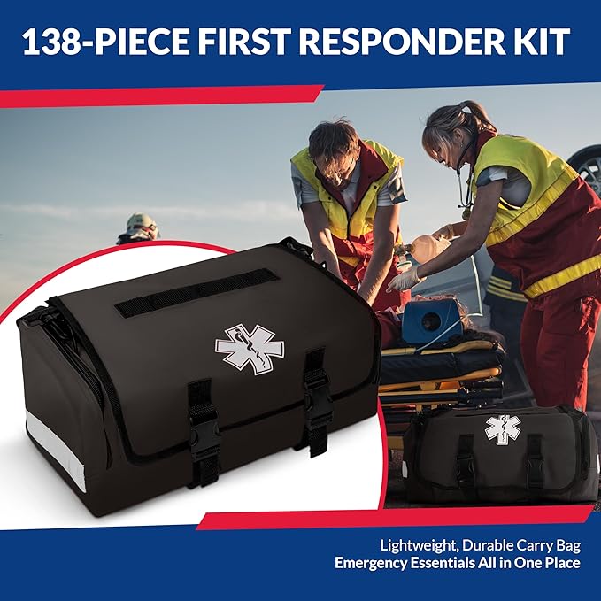 First Responder Trauma First Aid Kit Bag – Fully Stocked Emergency Medical Kit for Workplace Vehicle &amp Home – OSHA &amp ANSI Compliant – Portable – Tactical Black