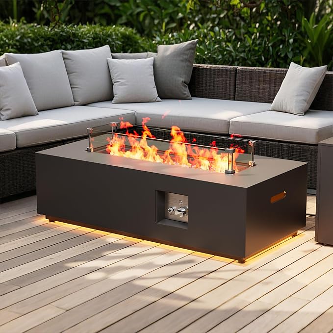 42 Outdoor Fire Pit Table 50000 BTU Gas Fire Pit with Glass Wind Guard Fire Stones Waterproof Cover Propane Fire Pit Table for Outside Patio (Warm Light Black)