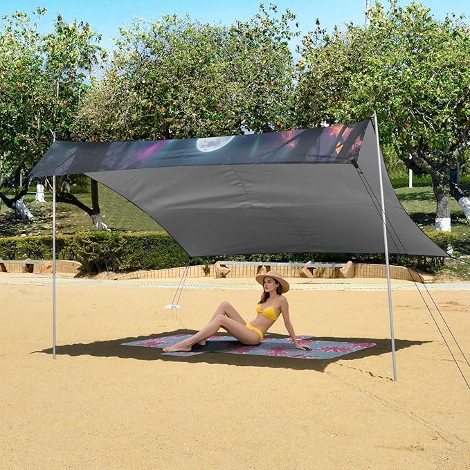 ALAZA Aurora Polar Lights Wolf Beach Tent Sun Shelter UPF50+ Protection Beach Shade Canopy w/ 4 Sandbags for Outdoor Camping Fishing Backyard Fun Picnic 10x9 ft