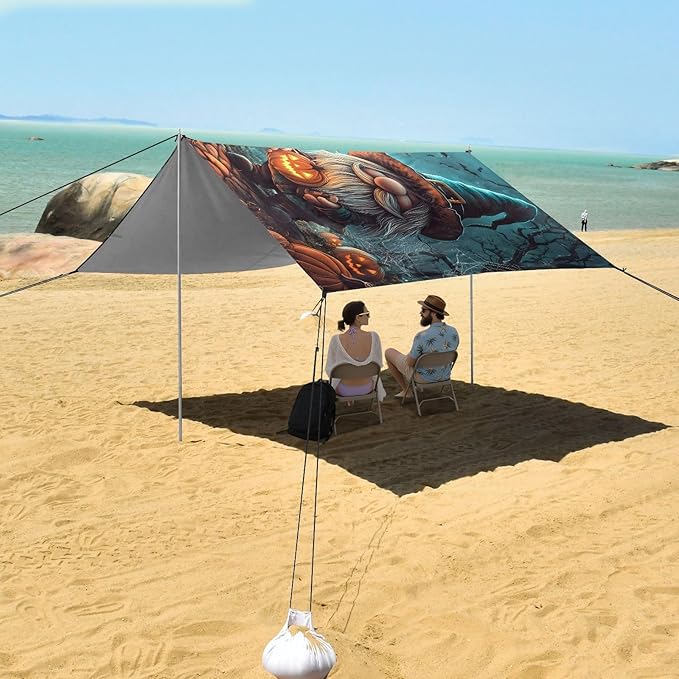 ALAZA A Halloween Gnome Dressed in A Witchs Hat and Holding Beach Tent Sun Shelter UPF50+ Protection Beach Shade Canopy w/ 4 Sandbags for Outdoor Camping Fishing Backyard Fun Picnic 10x9 ft