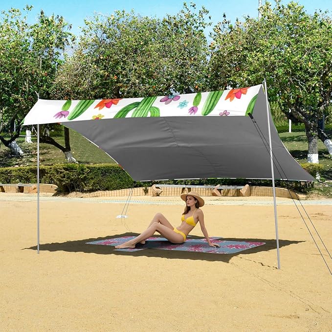 Beach Canopy with Windproof Ropes &amp Sandbags Beach Tent Sun Shade Sun Shelter for Camping Trips Fishing Backyard Fun or Picnics Cactus