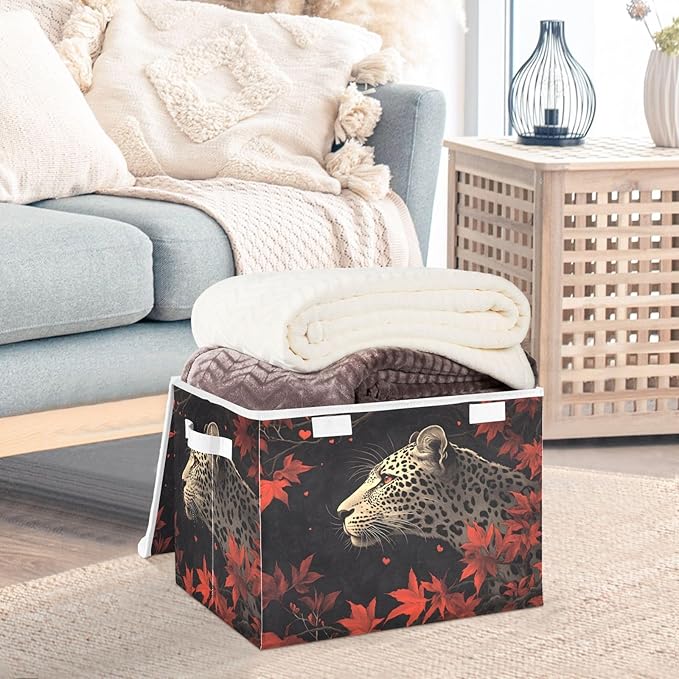 AIXIWAWA Lidded Storage Cube (Leopard Leaves) Fabric Foldable Closet Bins with Flip Lid and Handles Organizer Basket Container 16.5 x 12.6 x 11.8 IN