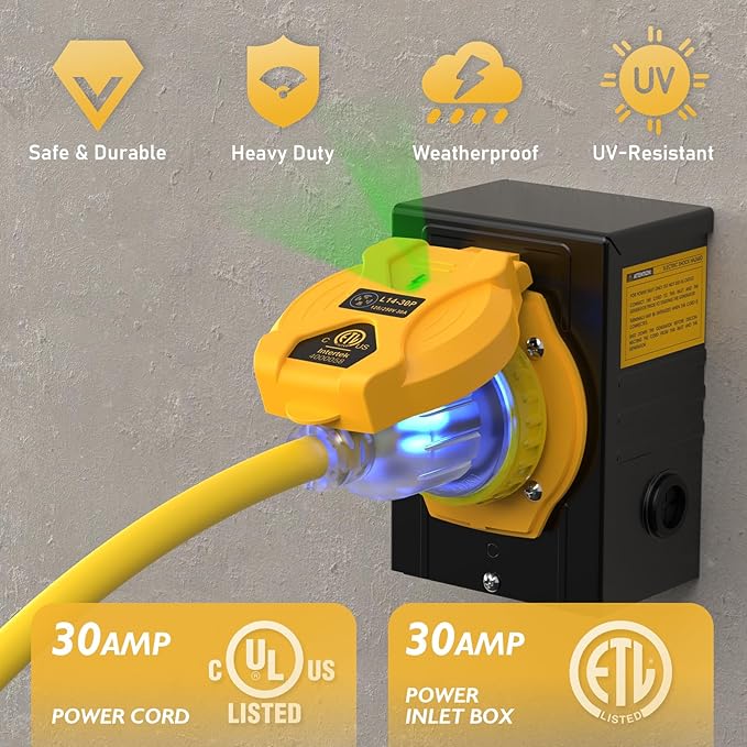 TOOLIOM 30 Amp Generator Cord 40FT and 30 Amp Inlet Box NEMA L14-30P/L14-30R 125/250V 7500W 10 AWG SJTW Power Cord Pre-Drilled Inlet Box UL&ampETL Listed