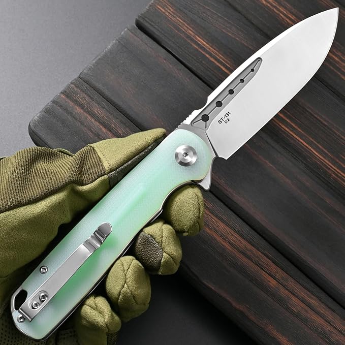Sitivien ST131 Folding KnifeD2 Blade G10 Handle EDC Tool Knife with Liner Lock for Outdoor Camping Hiking Fishing(Jade)