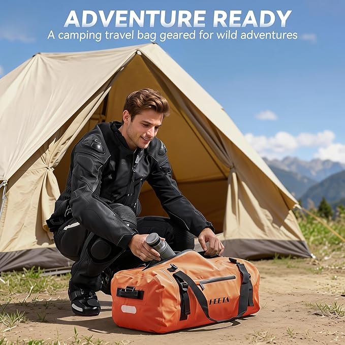 HEETA Waterproof Motorcycle Dry Bag Waterproof Duffel Luggage Travel Bags with Zippered Closure &amp Pocket Shoulder Straps Large Space for Motorcycling Camping Commuting Boating (Orange 70L)