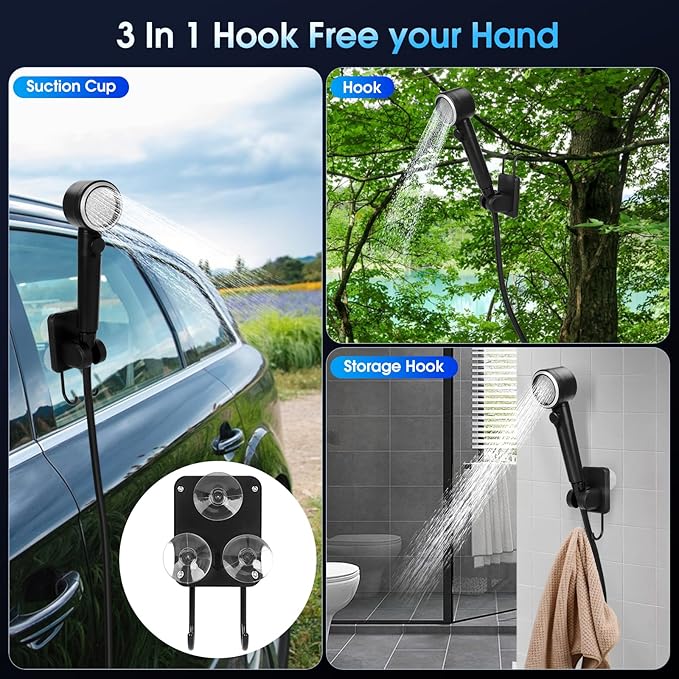 8000mAh Portable Camping Shower 10-Speed Camp Shower Pump LED Display 4 Spray Modes IPX8 Waterproof Outdoor Shower Kit for Hiking Travel Pet Car Wash
