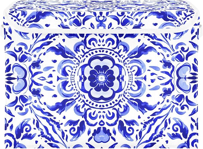 Blue Ornamental Pattern Lidded Storage Bins with Handles - 16.5x12.6x11.8 Foldable Organizing Box Oxford Fabric &amp Honeycomb Board Dust-Proof Flip Lid for Closet/Office