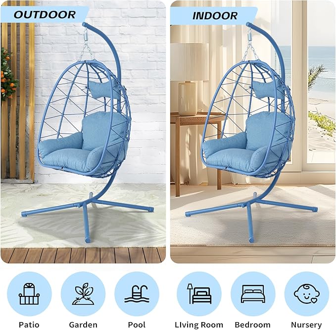 Hanging Egg Chair with Stand Outdoor Indoor Patio Rattan Swing Hammock Chairs with Washable Cushion PE Wicker Swing Chair for Backyard Bedroom Garden (Blue + Blue Cushion No Footrest)