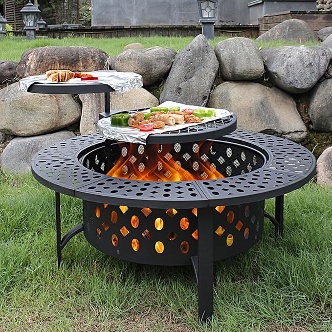 OutVue 36 Inch Fire Pit with 2 Grills Wood Burning Fire Pits for Outside with Lid Poker and Round Waterproof Cover BBQ&amp Outdoor Firepit &amp Round Metal Table 3 in 1 for Patio Picnic Party