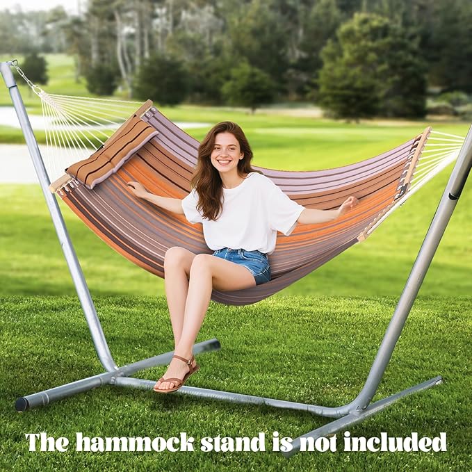 Tangkula 10.5FT Double Hammock Heavy Duty Outdoor Hammock with Curved Spreader Bars Detachable Pillow 2 Person Hammocks for Outside Porch Patio (Stand is not Included) (Coffee)