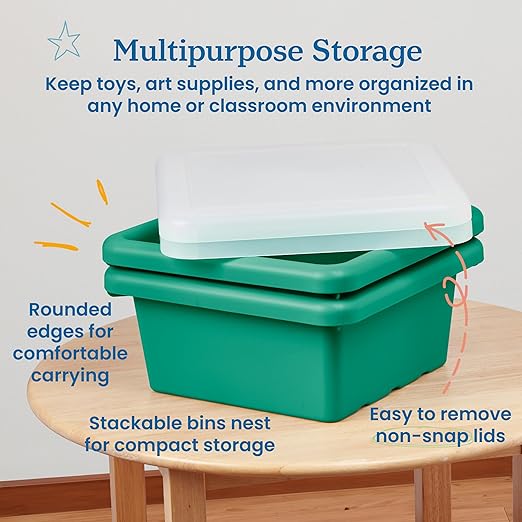ECR4Kids Stackable Square Bins with Non-Snap Lids Multipurpose Organization Emerald 2-Pack