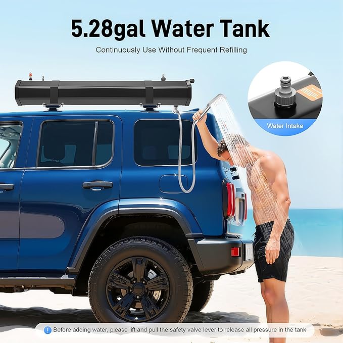8Gal Roof Rack Mount Road Shower Pressurized Water Tank for Camping Shower w/ 5.58ft Water Pipe &amp Shower Headt Portable Camping Shower for Vehicle Truck SUV Sedan RV