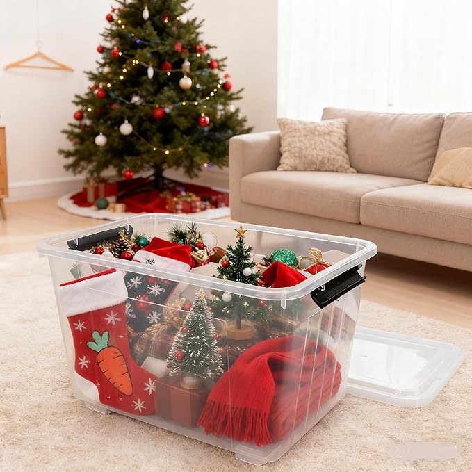 Xyskin 4-Pack 50 Quart Heavy Duty Plastic Storage Bins Stackable Containers with Clear Lids &amp BlackLatches for Bedding Clothing Holiday Decor Ideal for Garage &amp Closet