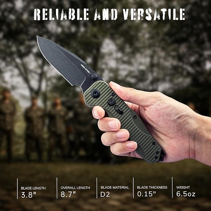 REALSTEEL Evolution Ironclad Folding Pocket Knife3.8Droppoint D2 BladeButton Frame LockG10 HandleThumb StudSafety Switch6.5ozEDC Tactical Indoor OutdoorCampingHikingDaily UseGift for Men W