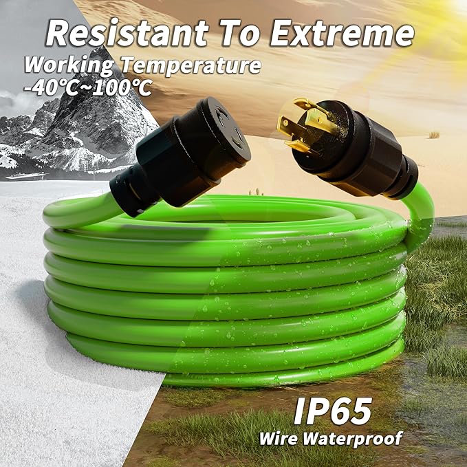 PlugSaf 10FT 30 Amp Generator Extension Cord 4 Prong NEMA L14-30P/L14-30R 10 Gauge STW 125/250V Twist Lock Generator Cord Heavy Duty Green ETL Listed