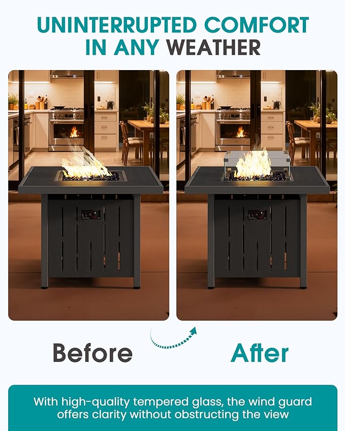 SERWALL 33 Outdoor Fire Pit Table 50000 BTU Square Propane Fire Pit Table with Lid Glass Rock &amp Glass Wind Guard HDPE Outdoor Furniture for Patio Garden Backyard Black