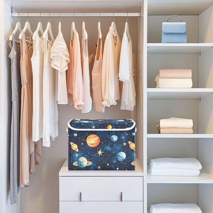 AIXIWAWA Lidded Storage Cube (Watercolor Planets) Fabric Foldable Closet Bins with Flip Lid and Handles Organizer Basket Container 16.5 x 12.6 x 11.8 IN