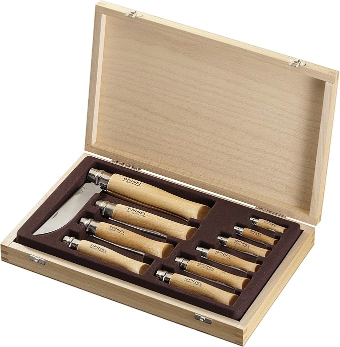OPINEL Stainelss Steel Folding Knife Set - Wooden Boxed Set of 10 Knives No. 2 - No. 12