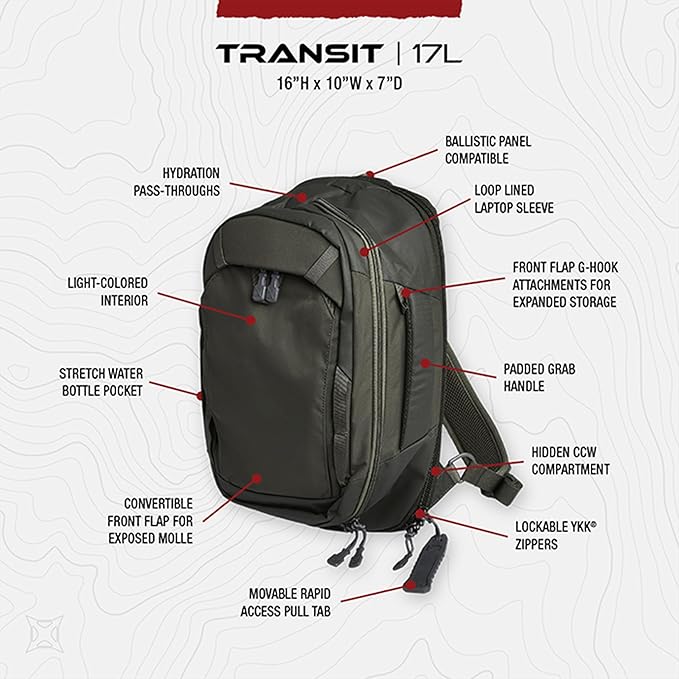 Vertx Transit Tactical Bag Sling Backpack 17L Backpack for Conceal Carry (CCW) Travel Work Tactical Gear Rudder Green - One Size