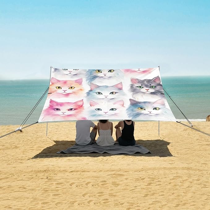 ALAZA Cute Cat Watercolor Kitten Beach Tent Sun Shelter UPF50+ Protection Beach Shade Canopy w/ 4 Sandbags for Outdoor Camping Fishing Backyard Fun Picnic 10x9 ft