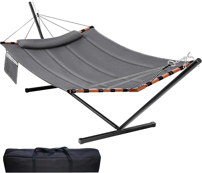 TegerDeger 12FT 2 Person Hammock with Stand Included 55 x 79IN Large Hammock 450LB Capacity with Hardwood Spreader Bar &amp Nylon Rope for Outside Patio Garden Backyard Beach Poolside - Gray