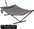 TegerDeger 12FT 2 Person Hammock with Stand Included 55 x 79IN Large Hammock 450LB Capacity with Hardwood Spreader Bar &amp Nylon Rope for Outside Patio Garden Backyard Beach Poolside - Gray
