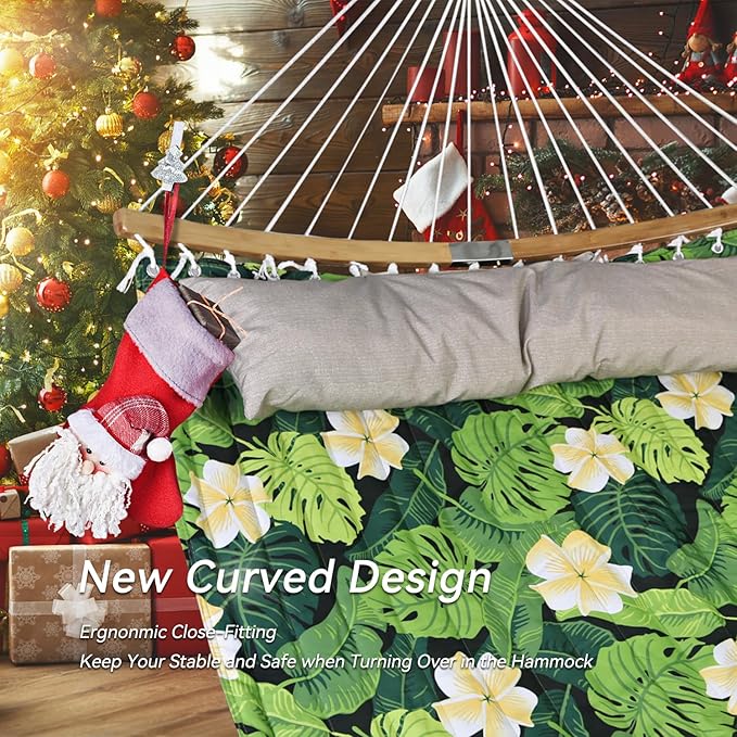 Double Hammock 11 FT Quilted Fabric 2 Person Hammock for Outside with Pillow Folding Curved Spreader Bar Chains Carrying Bag Indoor Outdoor 450 IB Capacity GreenLeaves
