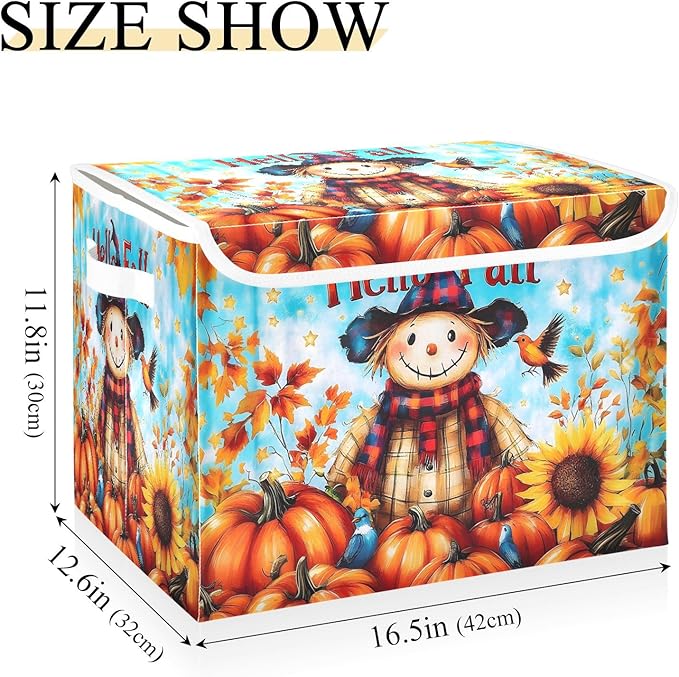 senya Large Storage Bins with Linen Words Hello Fall Collapsible Foldable Storage Cubes Fabric Closet Organizer Containers Box with Flip-Top Lid for Home Bedroom Office 16.7 x 12.6 x 11.8in