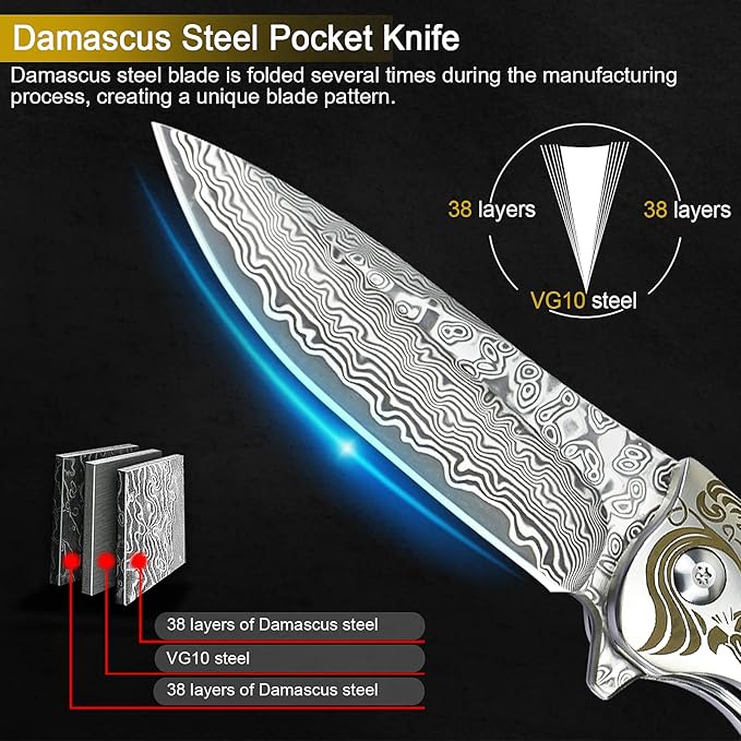 AUBEY Damascus Pocket Knife with Clip Folding Knives with VG10 Damascus Steel Blade Wooden Handle Foldable EDC Knifes for Outdoor Survival Collection Gift