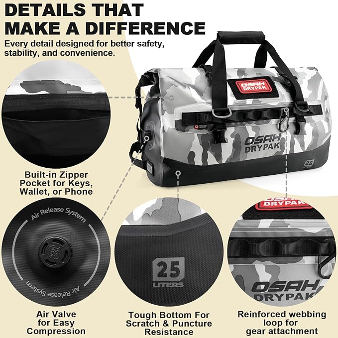 OSAH DRYPAK Waterproof Duffel Bag 25L/40L/60L – Heavy-Duty Motorcycle Tail Bag Roll-Top Dry Bag for Travel Camping Boating Kayaking Outdoor Adventure