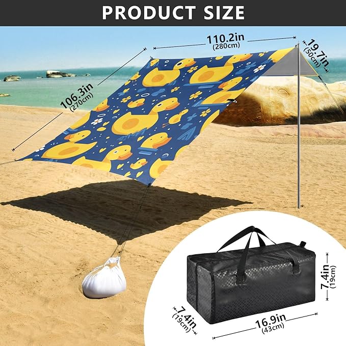 Yellow Duck Cartoon Foldable Beach Cabana UPF50+ Lightweight Portable Sun Shelter with Sandbags &amp Sand Shovel for Backyard and Camping