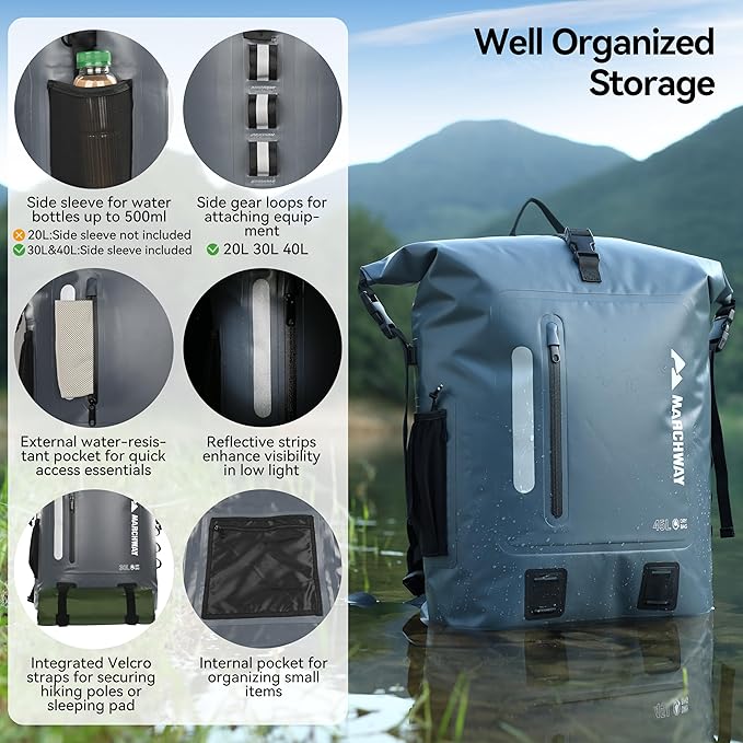 MARCHWAY Roll Top Waterproof Backpack Floating Dry Bag 20L/30L/45L with Ergonomic Rectangular Base Cushioned Back Hip Strap for Hiking Camping Kayaking Travel (Grey 30L)
