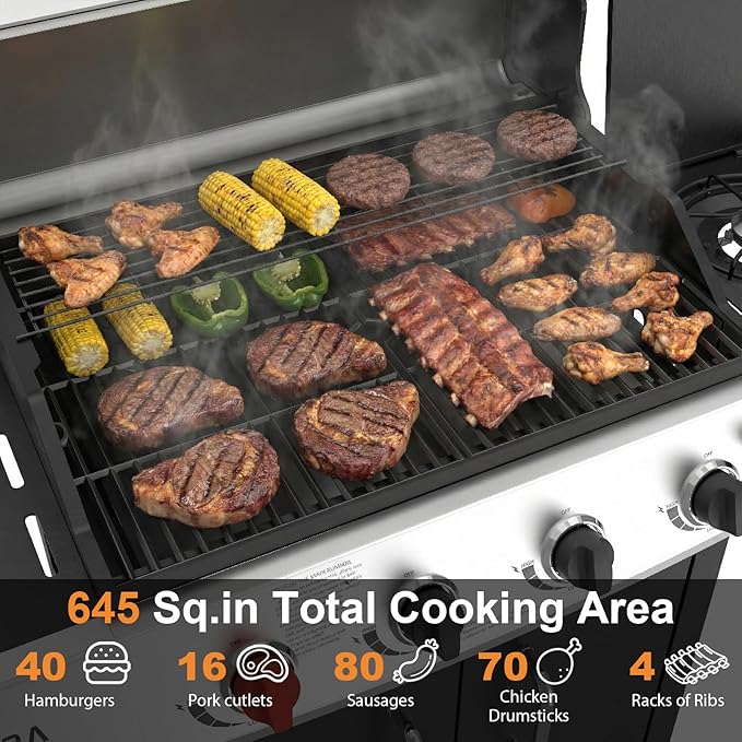 5 Burners Propane Gas Outdoor Grill 62000 BTU Side Burner 645 Sq.in Porcelain-Enameled Grates Stainless Steel Propane Grill Outdoor Cooking Patio Garden Family Barbecues Party