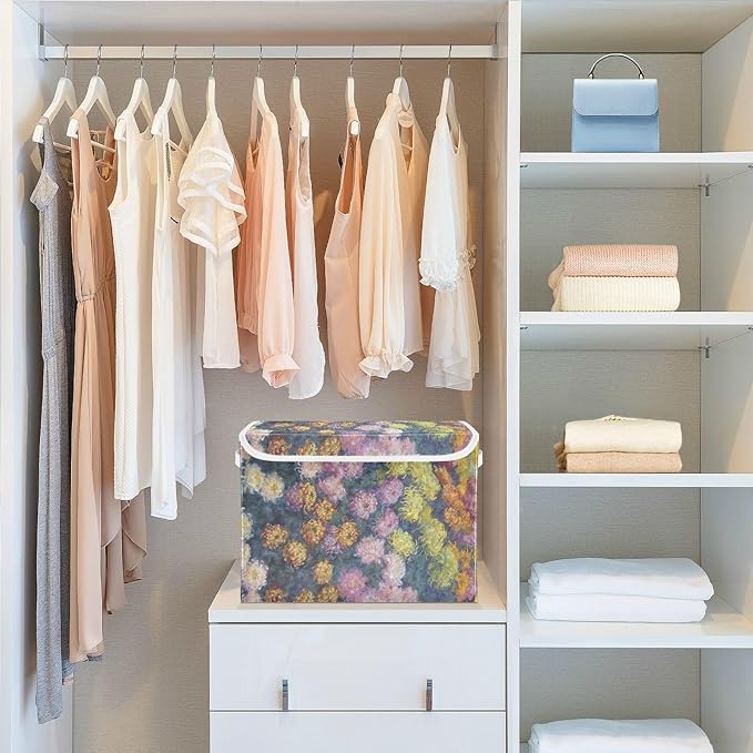 Storage Bins With Lid Stackable Fabric Closet Organizer Clothing Storage Large Boxes For Closet Shelves Bedroom Chrysanthemums Flower Monet
