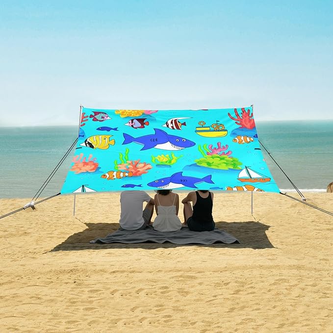 xigua Ocean Beach Tent Sun Shelter with Carrying Bag - Silver Coated Oxford Fabric Beach Canopy for Beach Camping Fishing - Includes Windproof Ropes Sandbags &amp Stakes