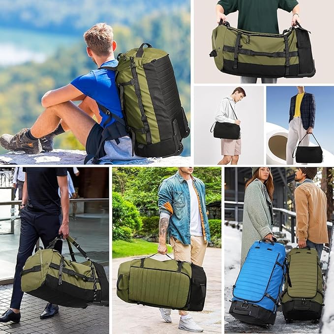 Rolling Duffle Bag with Wheels86L 30”Folding Duffle Backpack with 2 WheelsTravel Bag with Separate Shoe Compartment (Green)
