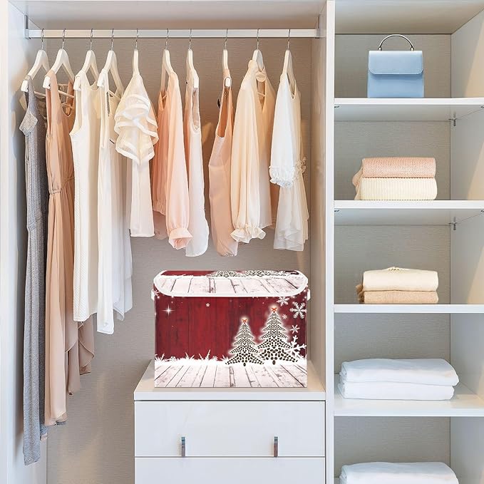 senya Christmas Storage Baskets Collapsible Bins with Lids Christmas Coffee Tree Red Wooden Storage Boxes Clothes Baskets for Organizing