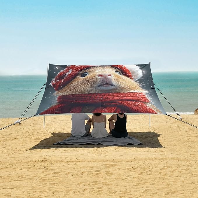 ALAZA Christmas Hamster Beach Tent Sun Shelter UPF50+ Protection Beach Shade Canopy w/ 4 Sandbags for Outdoor Camping Fishing Backyard Fun Picnic 10x9 ft
