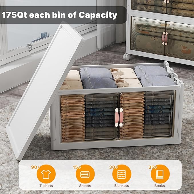UAMFURI Stackable Storage Bins with Lids 525QT Closet Organizers and Storage with Doors and Wheels Extra Large Storage Cabinet Collapsible Plastic Drawers for Bedroom Dorm Office Garage