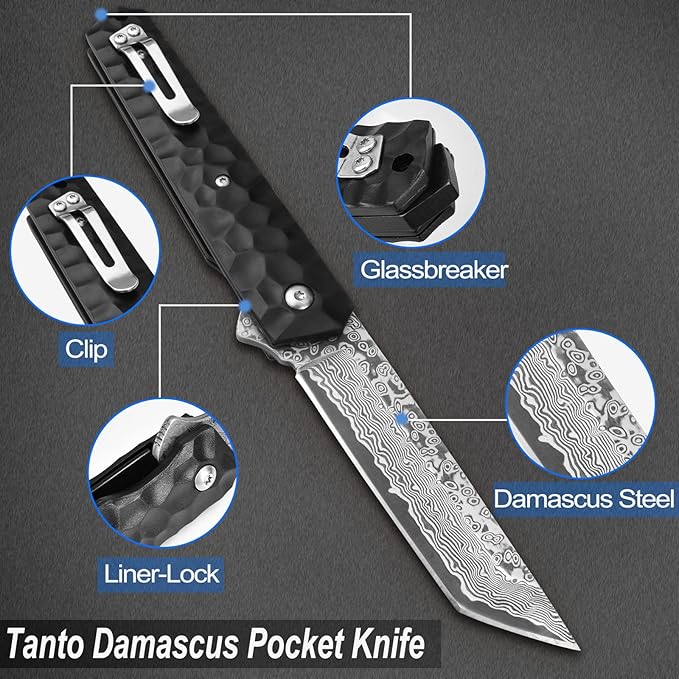AUBEY Damascus Pocket Knife Tanto VG10 Core Damascus Steel Folding Knives with Ball Bearing Aluminum Alloy Non-Slip Handle and Glass Breaker EDC Damascus Knife for Men Women (Black)