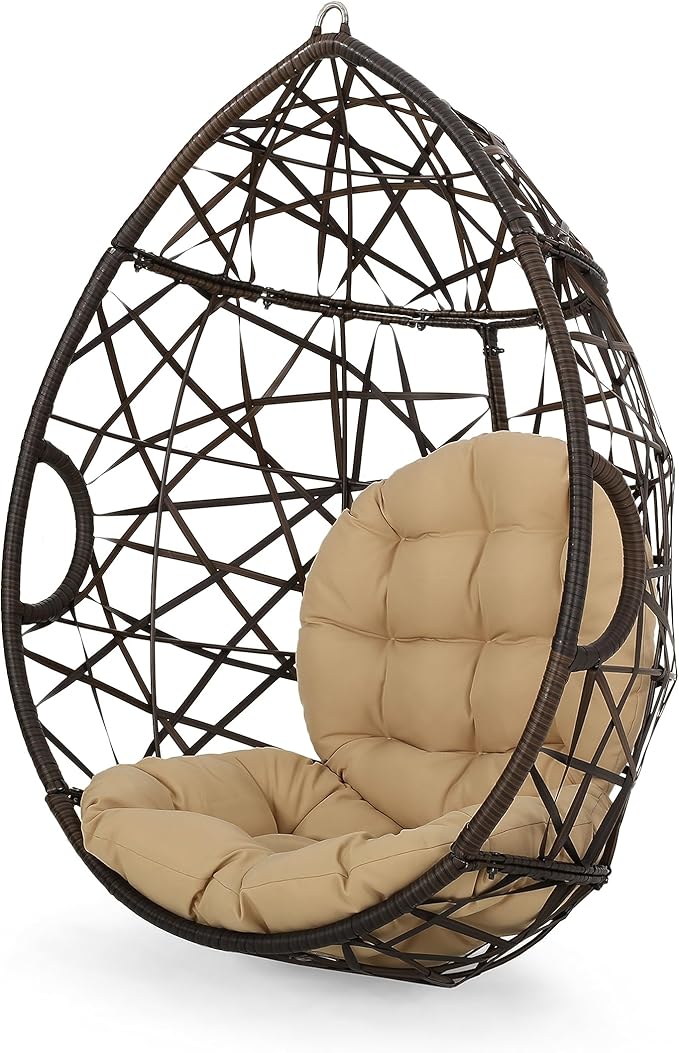 Christopher Knight Home Isaiah Indoor/Outdoor Wicker Tear Drop Hanging Chair (Stand Not Included) Multi-Brown and Tan