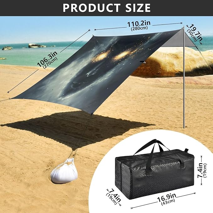 Cloudy Sky Glowing Eyes Beach Tent Sun Shelter Set UPF50+ UV Protection 10.5 x 9.19 FT Camping Shade Canopy with Sandbags Sand Anchors Carrying Bag and Others