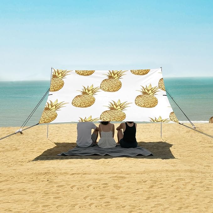 xigua Pineapples Beach Tent Sun Shelter with Carrying Bag - Silver Coated Oxford Fabric Beach Canopy for Beach Camping Fishing - Includes Windproof Ropes Sandbags &amp Stakes