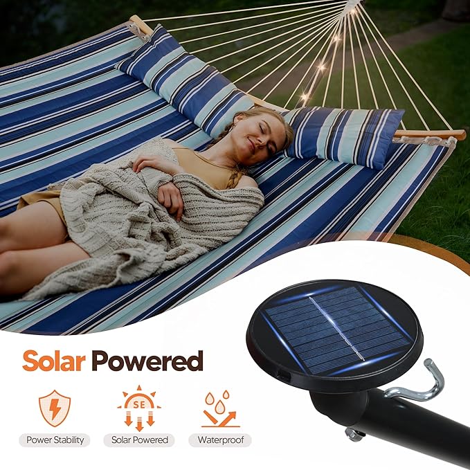 SUNCREAT Double Hammock with 12 ft Stand Solar Powered Lights Included Outdoor Hammock for Outside Blue &amp White