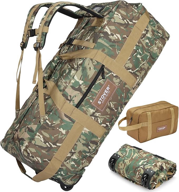 STOVER 45/80/100L Rolling Duffel Bag with Wheels X-Large Durable Travel Duffle + Toiletry Bag Heavy Duty Packable with Shoulder Straps- Use as Luggage or Backpack (Camouflage)