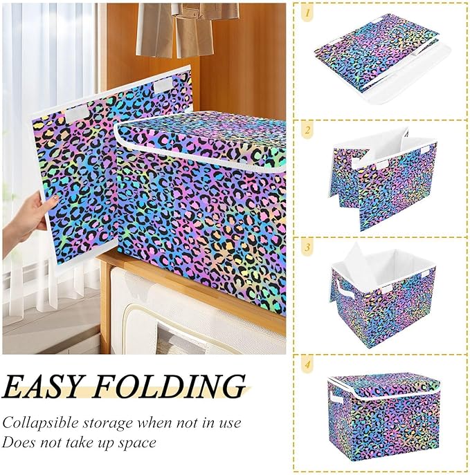 Holographic Leopard Print on Gradient Storage Box with Lid Foldable Book Storage Fabric Storage Bin for School Supply